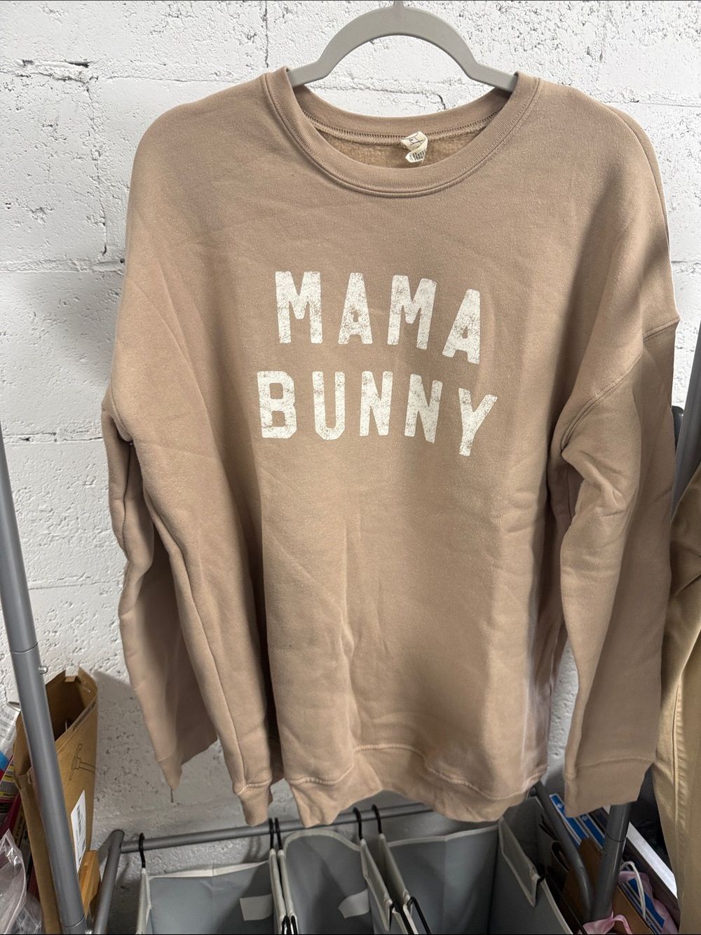 MAMA BUNNY Crewneck Sweatshirt - Taupe with White Lettering Size XL - LIKE NEW